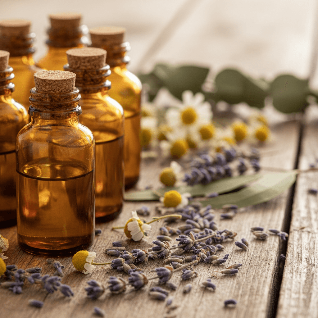 Essential oil blend bottles with dried botanicals