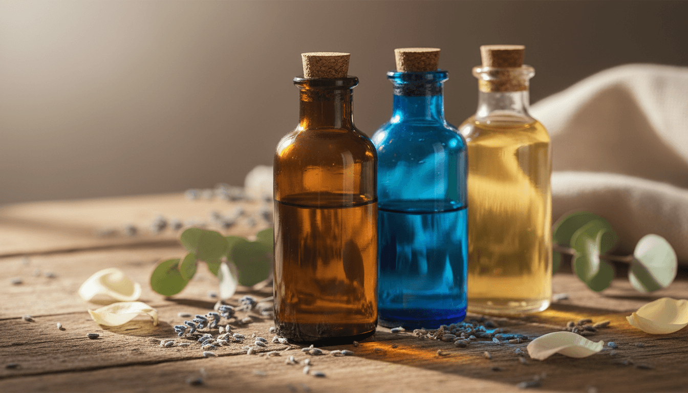 Amber and blue glass bottles of essential oils on wood surface with dried botanicals