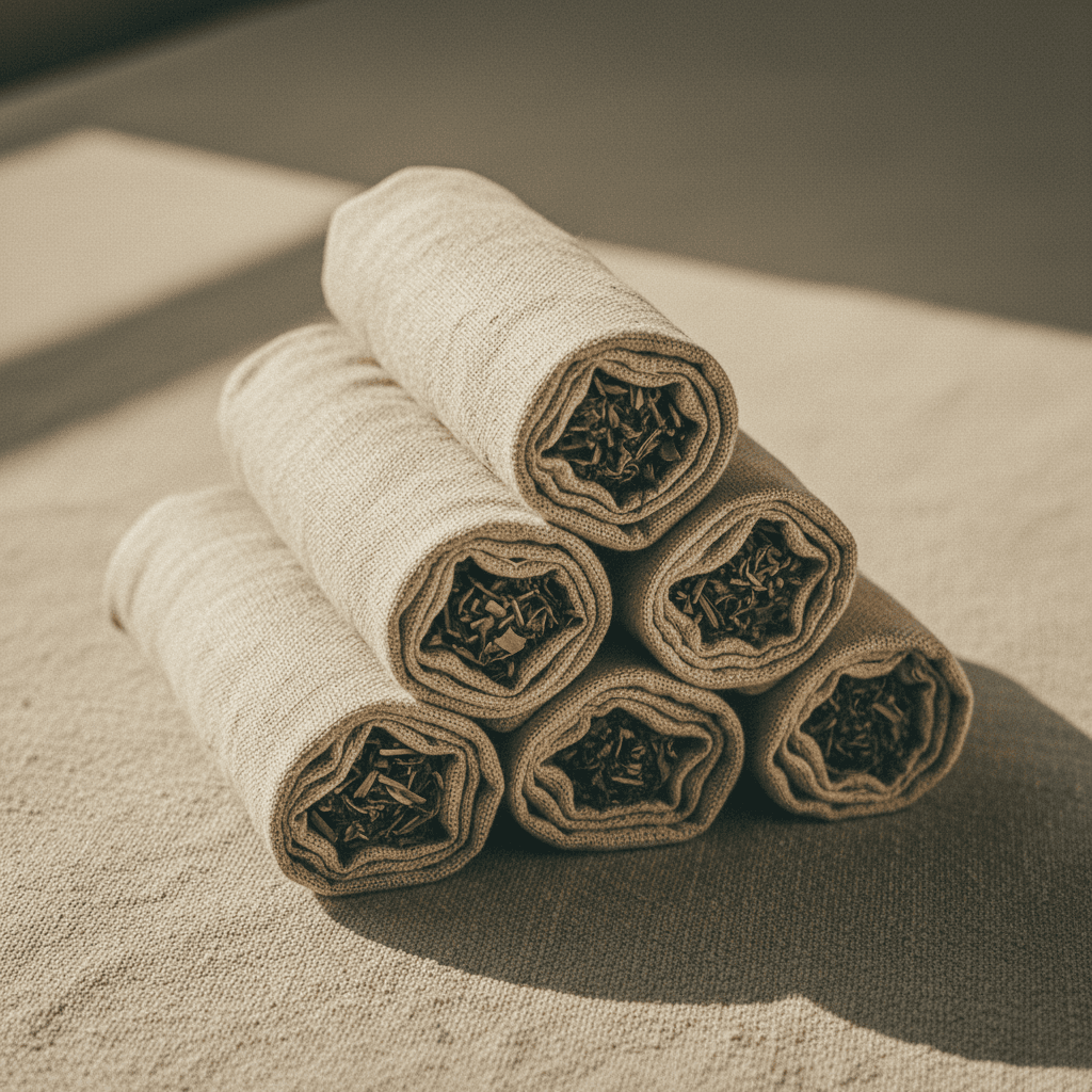 Handmade linen pouches with dried aromatherapy blends