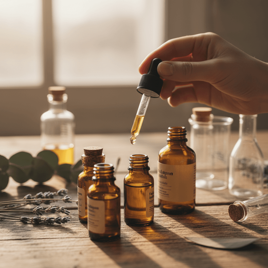 Essential oil bottles and dropper on wooden surface