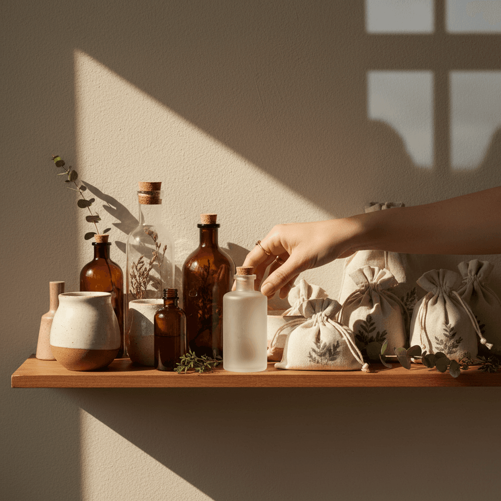 Collection of aromatherapy products displayed on wooden shelf