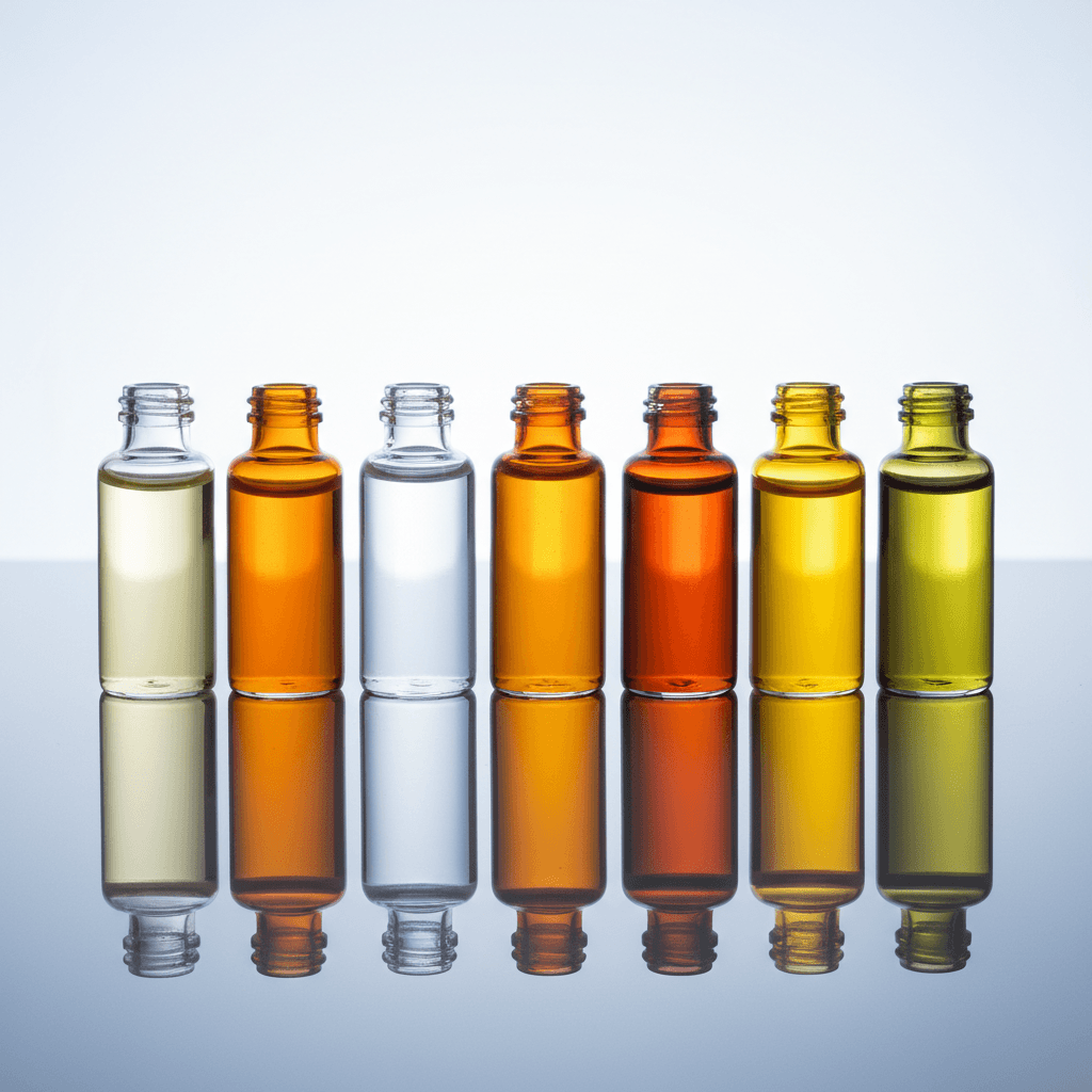 Pure essential oils in glass vials showing color variation