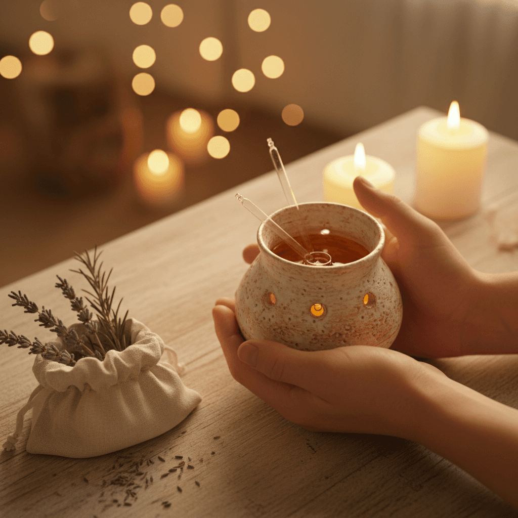 Customer holding handmade diffuser with oils