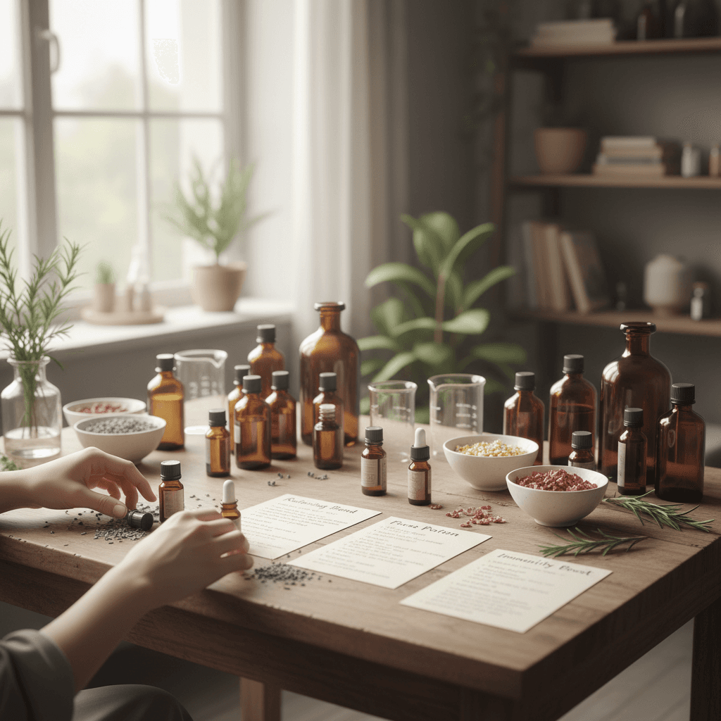 Workshop table with oils and botanical ingredients