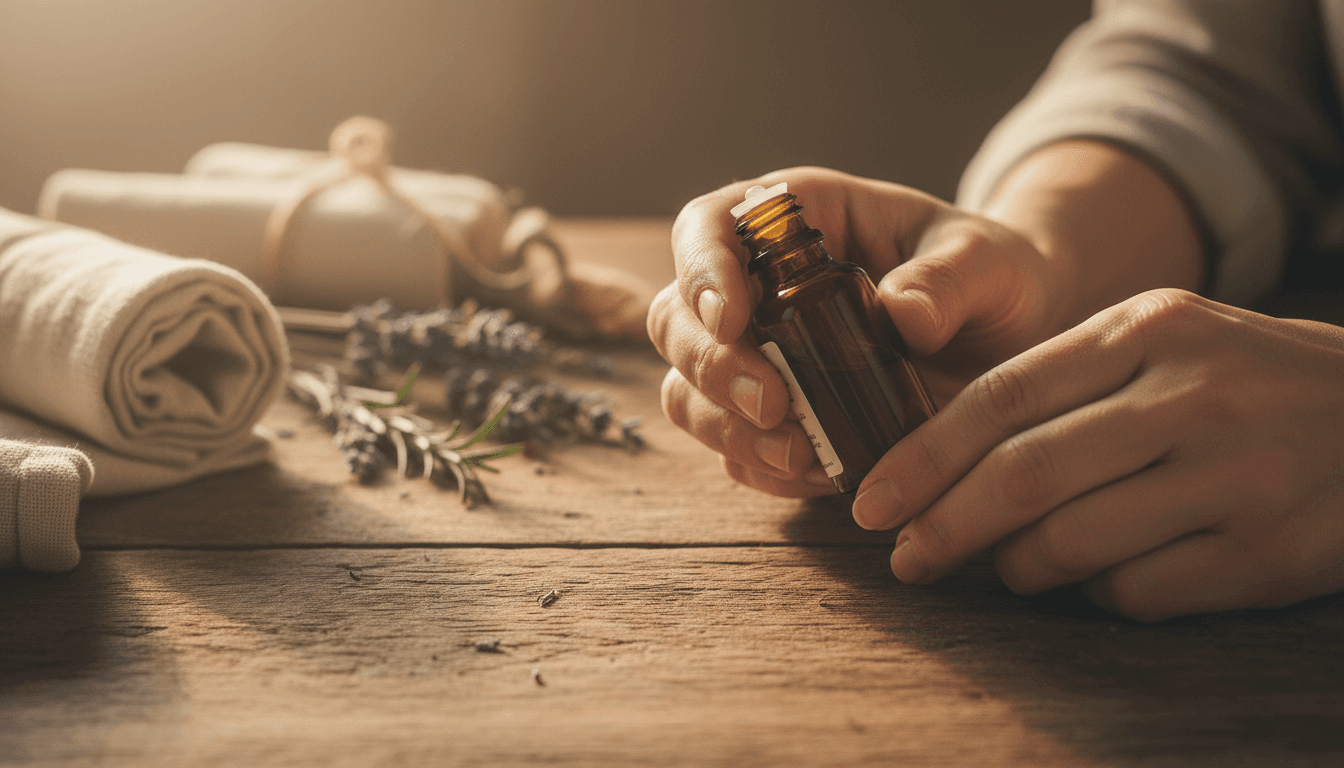 Hands holding an amber essential oil bottle with botanical materials in the background