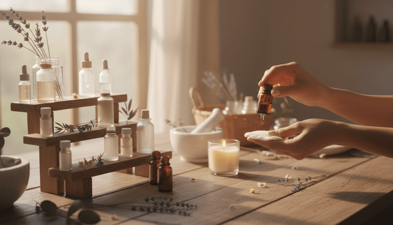 Hands holding a small amber essential oil bottle with dried flowers and aromatherapy products arranged on natural wood shelving in soft morning light