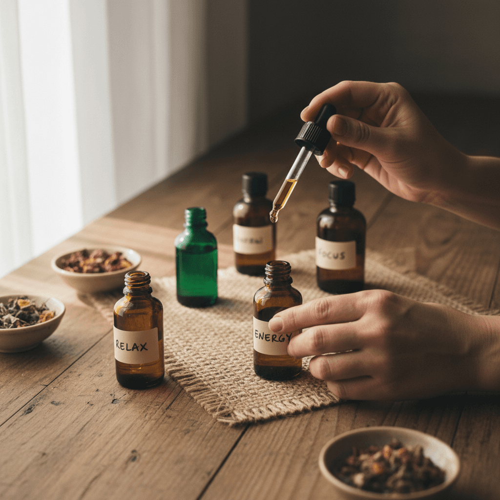 Blending custom essential oil formulas for aromatherapy