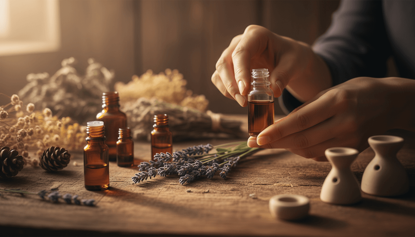 Hands arranging fresh lavender and essential oil bottles on a wooden surface with warm lighting