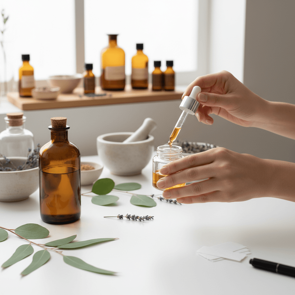 Artisan preparing essential oil blends by hand