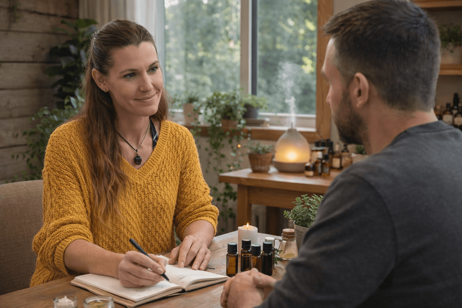 Woman in a yellow sweater takes notes during an aromatherapy consultation with a man.