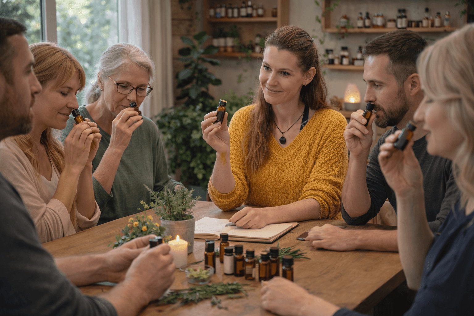 Diverse group of people smelling essential oils during an aromatherapy workshop at a wooden table.