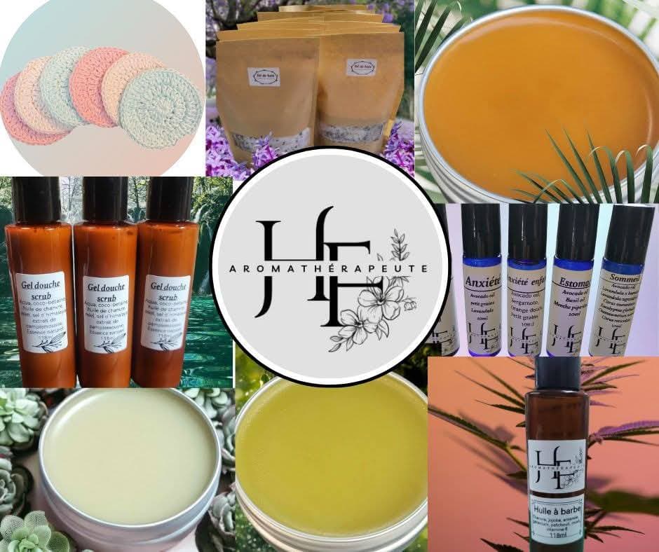 Collage of natural aromatherapy products including essential oil rollers, balms, scrubs, and crochet pads.